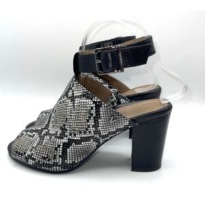 Vionic Women  7.5 Black Snake Skin Kaia Ankle Strap Peep Toe block Heel Mules